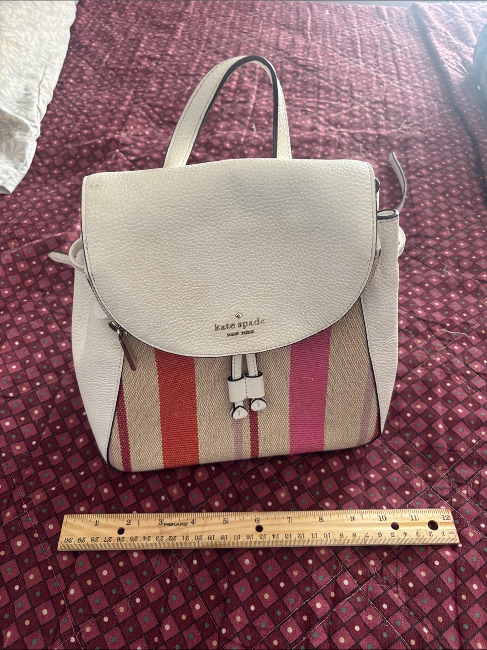 kate spade White Leather Backpack with Pink & Red Stripes